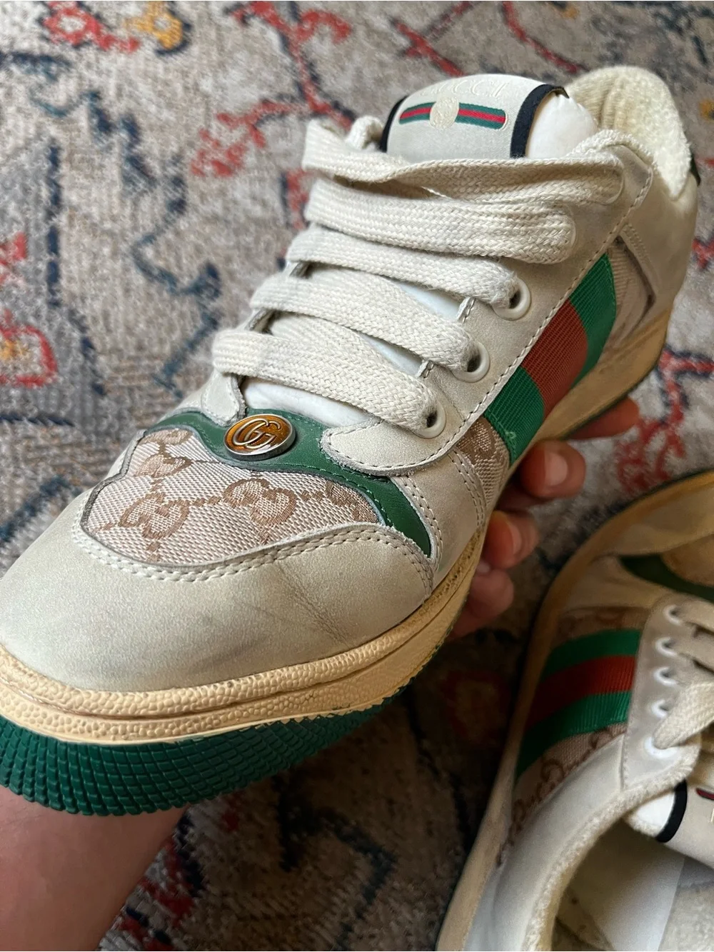 Gucci Cream and Green Leather Logo Sneakers Size 41 Sneakers GG Monogram